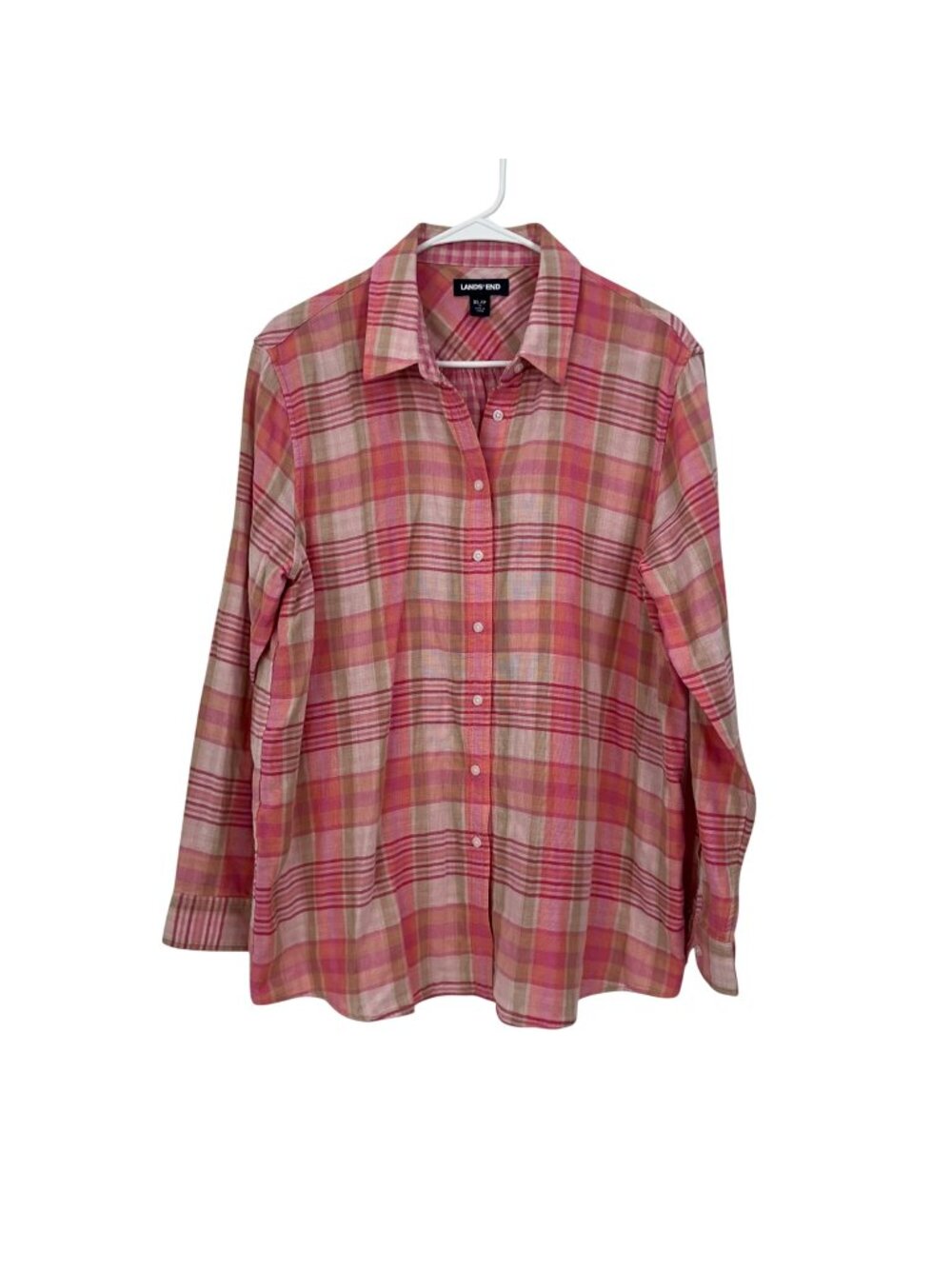 Lands End Womens Pink Plaid Button-Down Shirt Size XL 100% Cotton Woven knit